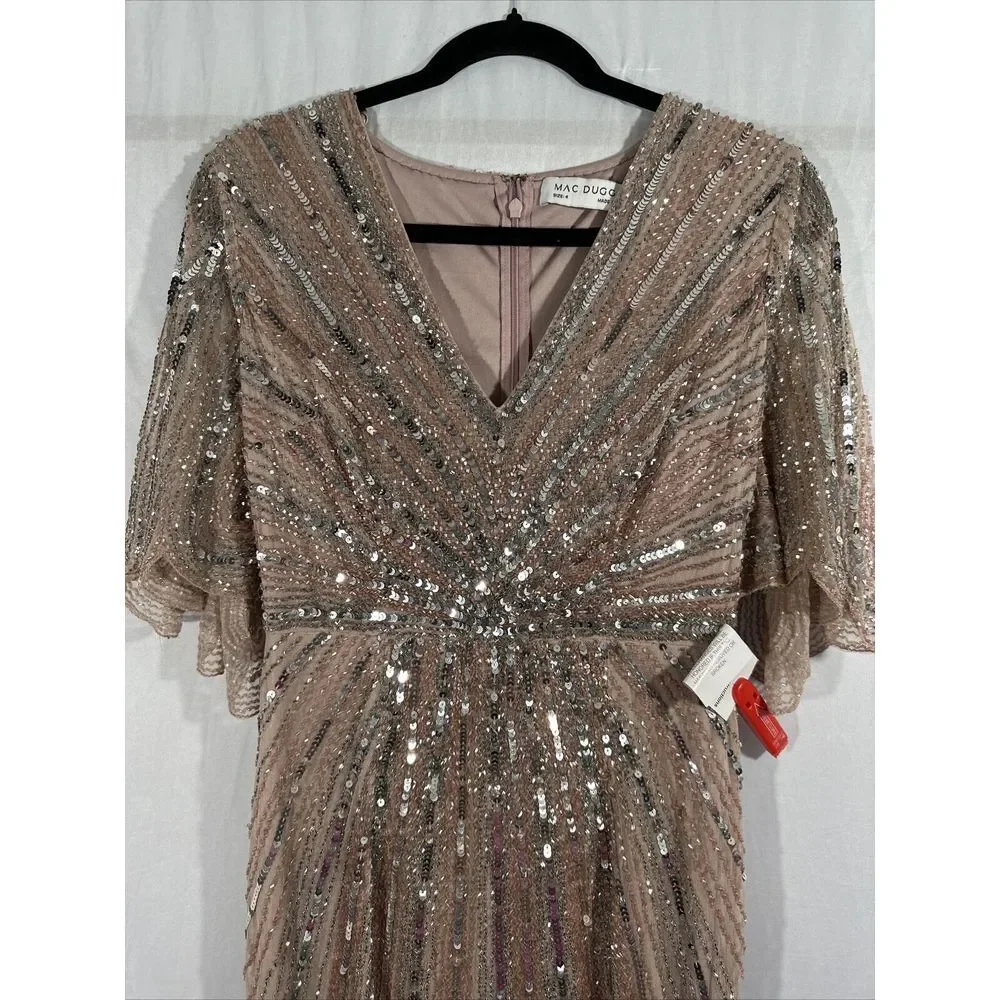 NWT $698 Mac Duggal [ 4 ] Sequined V-Neck Cape Sleeve‎ Column Gown Rose #G1859